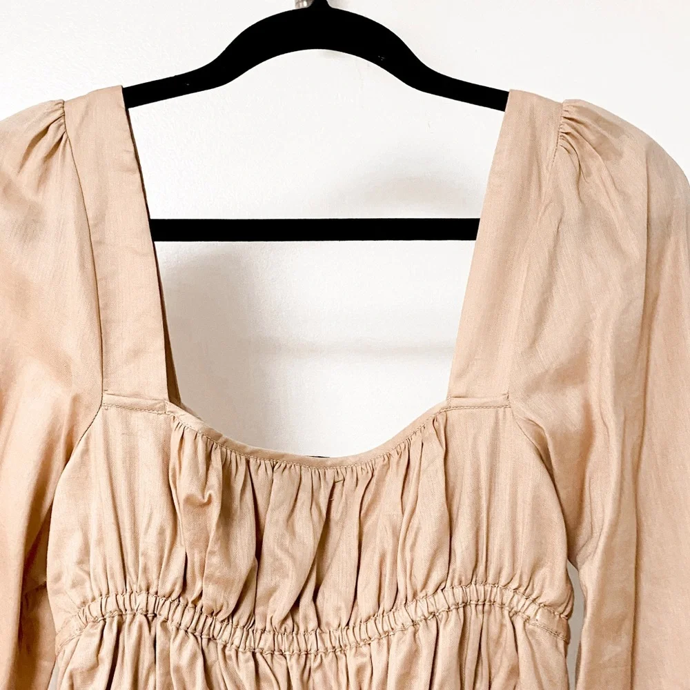 J. Crew Spring Chic Cinched Waist Top in Herringbone Cotton in Almond Biscotti‎
